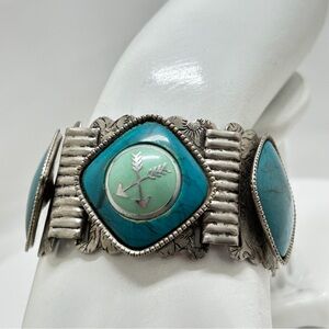 Vintage Southwestern Silver Panel Bracelet, Thermoset Lucite Aqua Stones, Etched